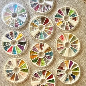 Lot of 10 Rhinestone Wheels with Decals & 30 Multicolor Nail Ribbon Tape Rolls